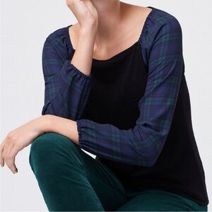 J. Crew Factory Square-Neck Top, Black Watch Plaid Sleeves, EUC
